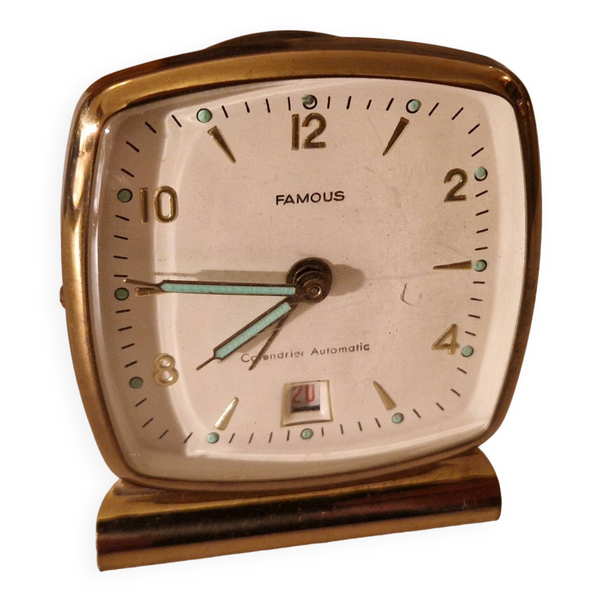 "Famous" alarm clock, automatic calendar model, vintage circa 1950, perfect condition