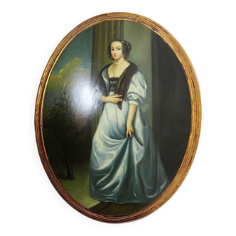 Large elegant portrait medallion, oil on Venetian-style convex wood, vintage