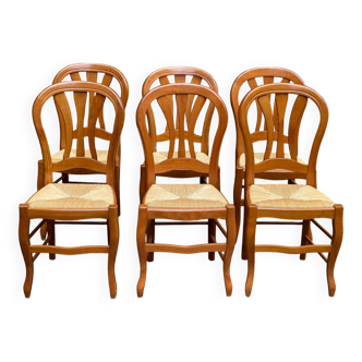 6 chaises en bois massif paillées Louis Philippe