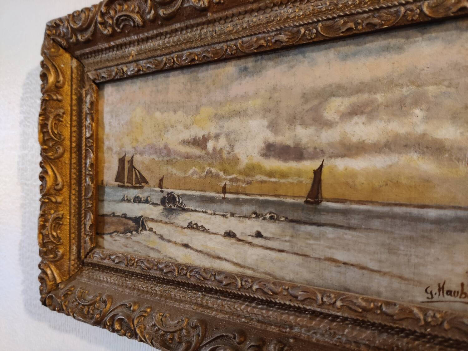 Lot of 2 old marine paintings on wood signed G. Haubois - Gilded frame