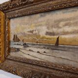 Lot of 2 old marine paintings on wood signed G. Haubois - Gilded frame