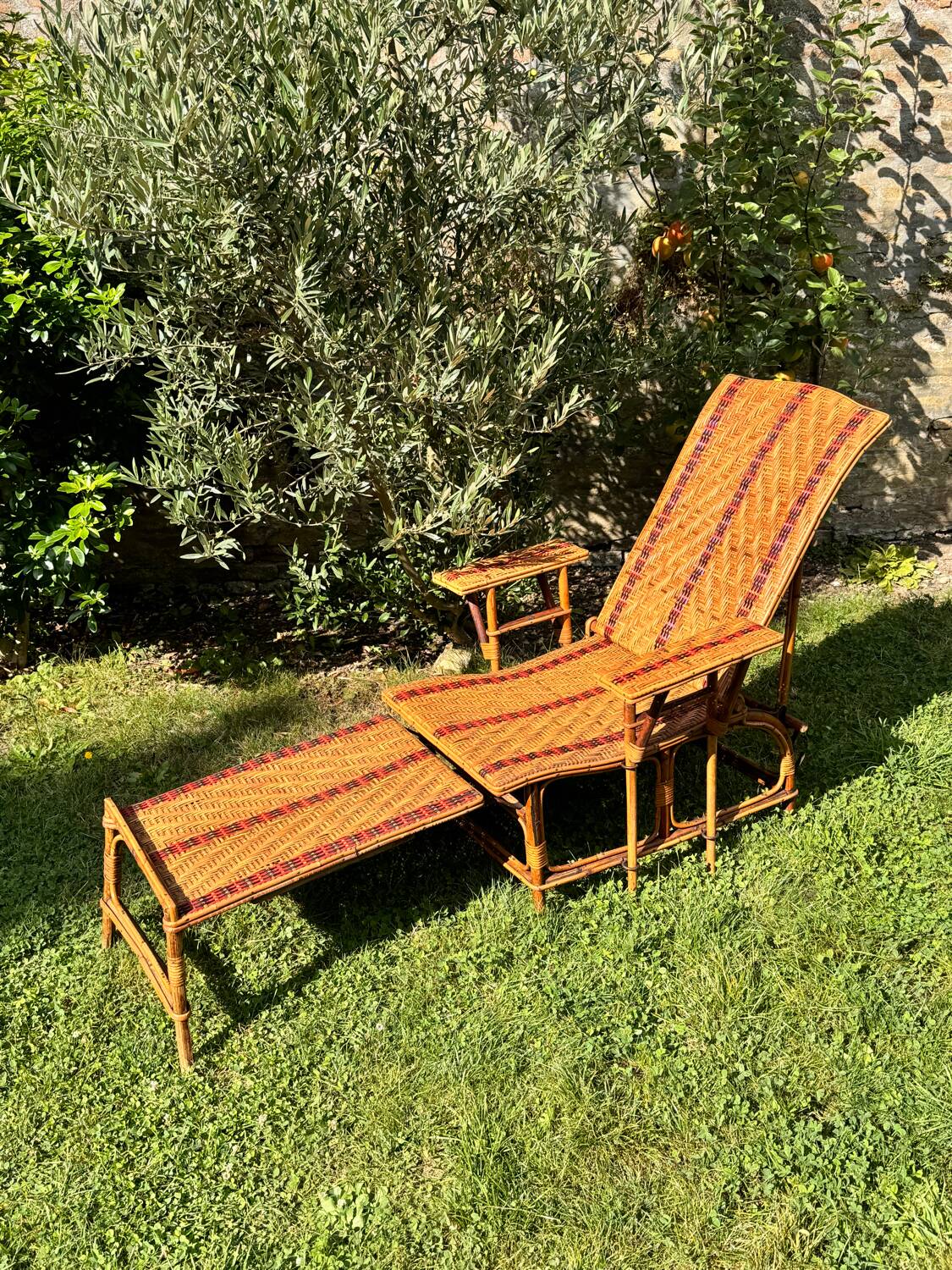 Antique rattan and wicker chaise longue, circa 1930