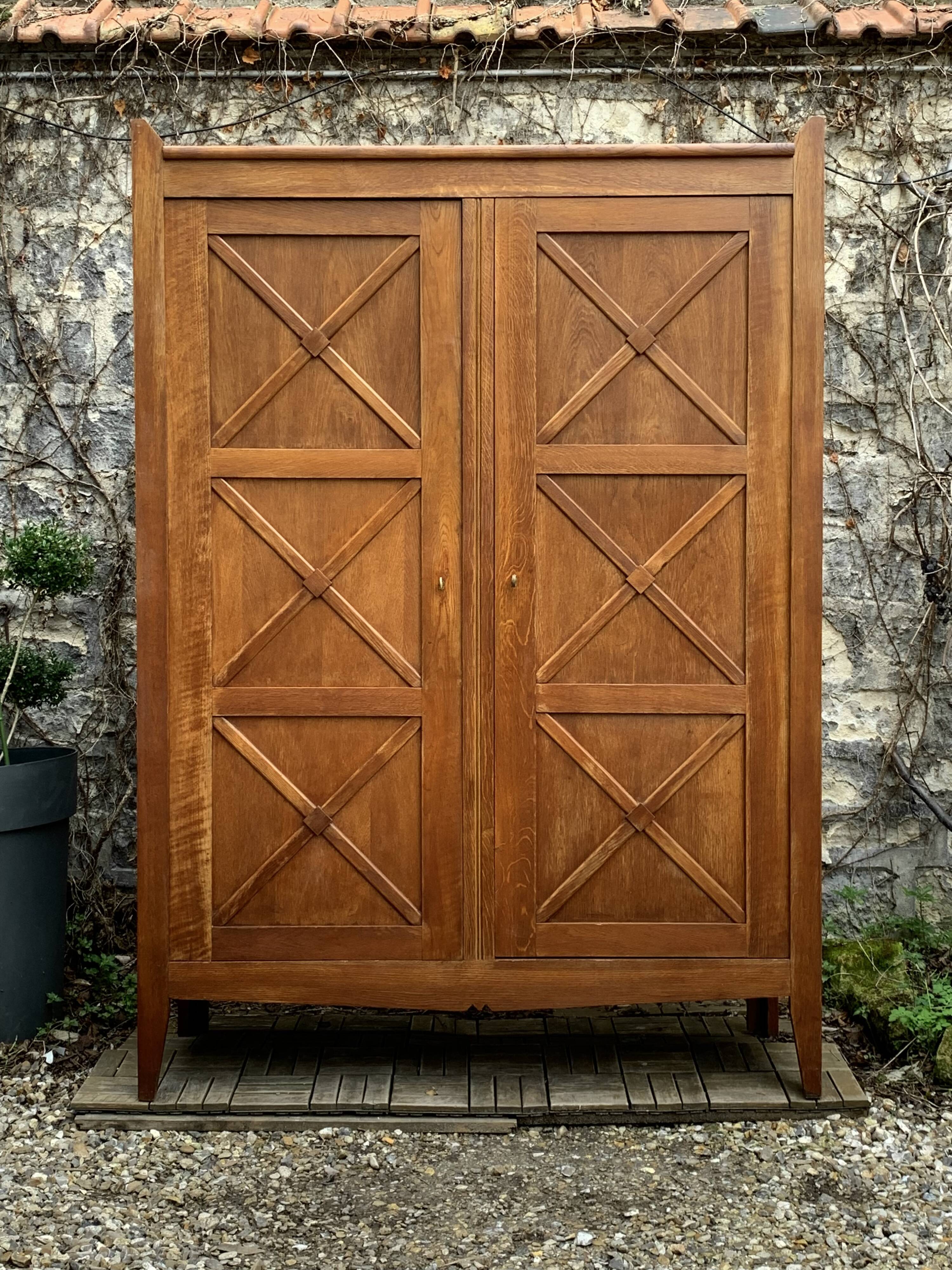 Vintage solid oak cross-braced wardrobe 1940