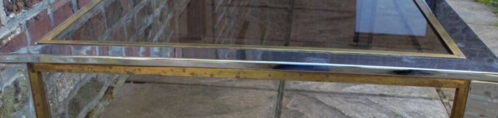 Table de salon en chrome, laiton et verre