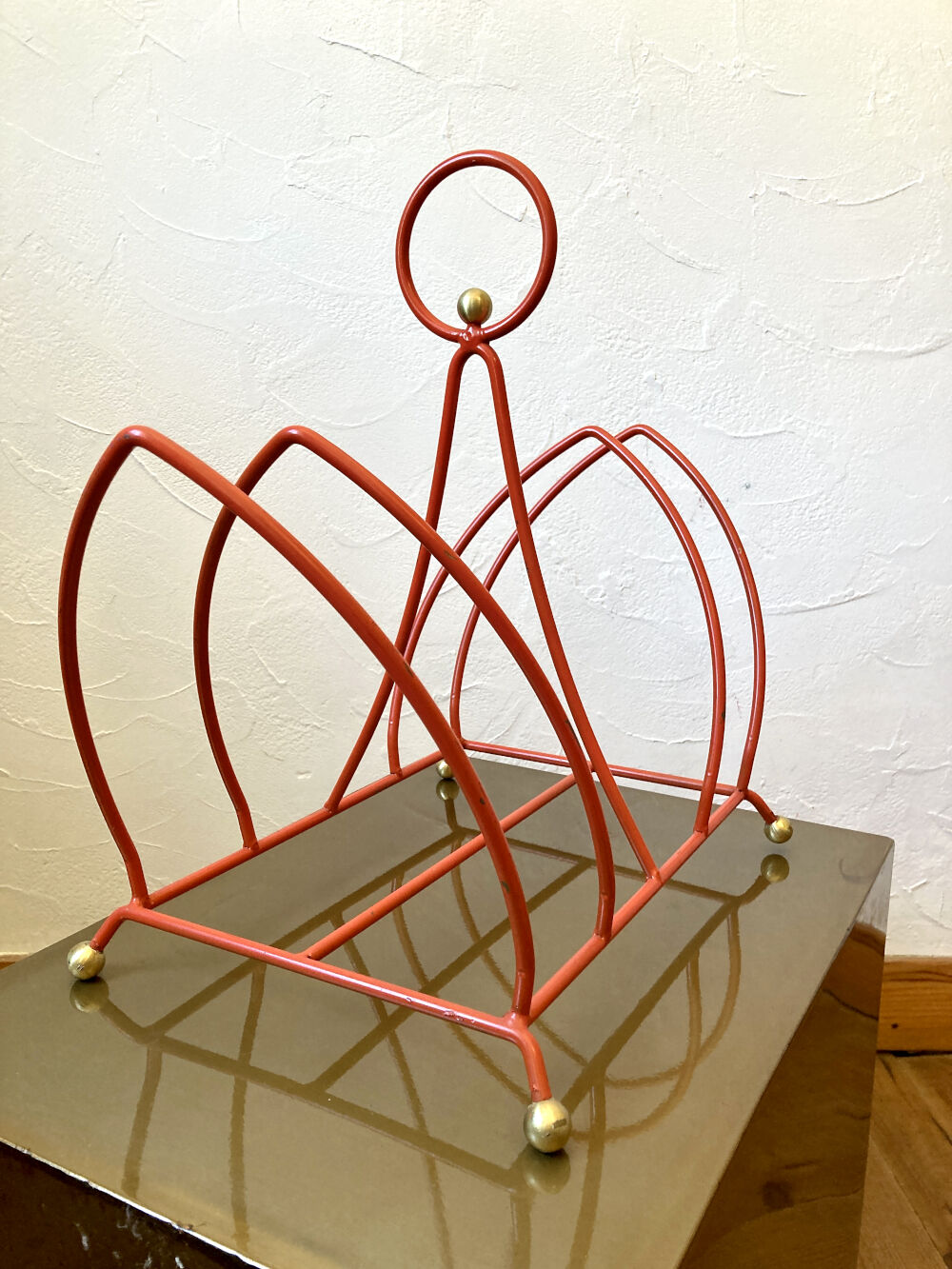 Vintage orange metal magazine rack, 1970s