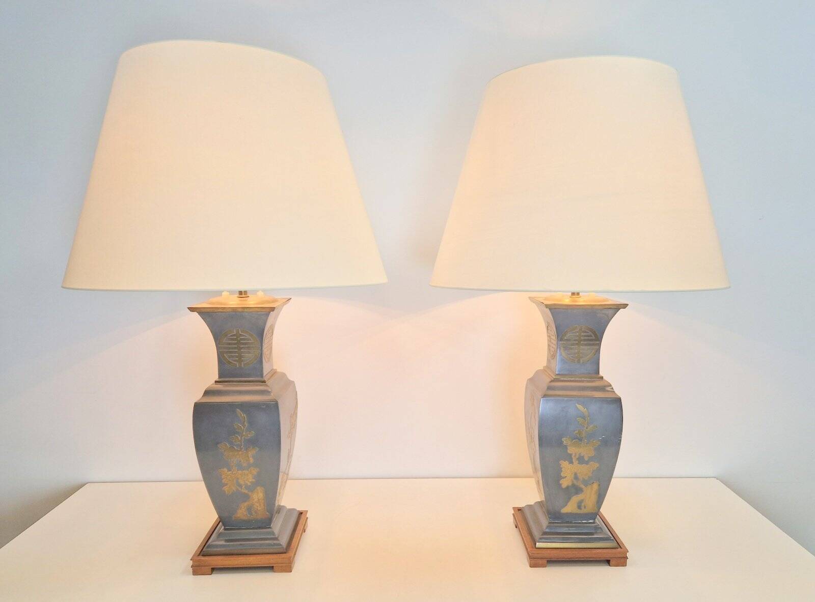 Vintage Asian Table Lamps in Pewter and Brass, 1950s, Set of 2