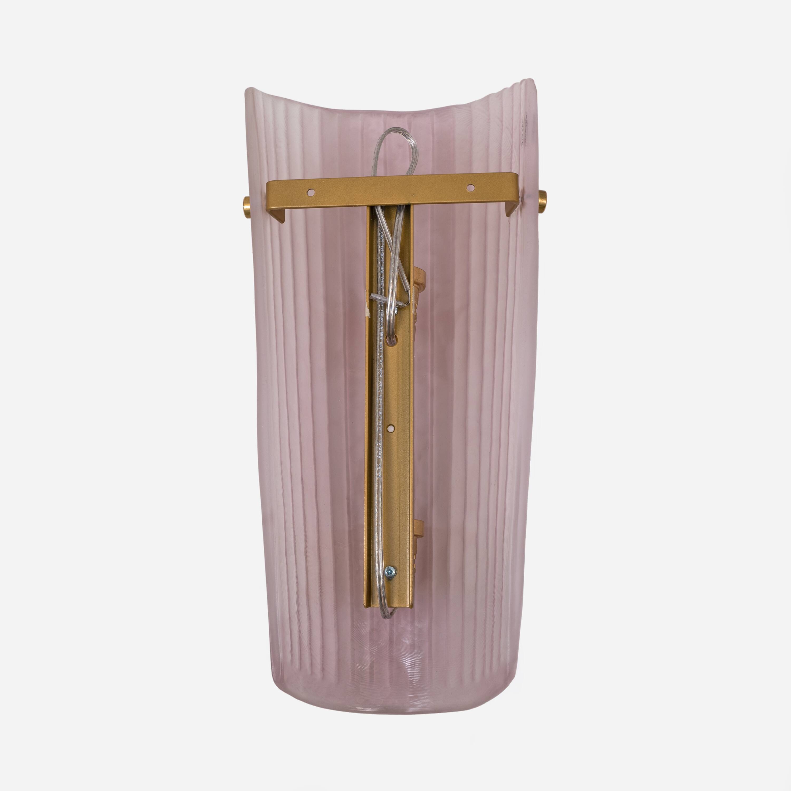 Pair of Murano Glass Wall Sconces in Pink Ribbed Glass and Brass, Italy