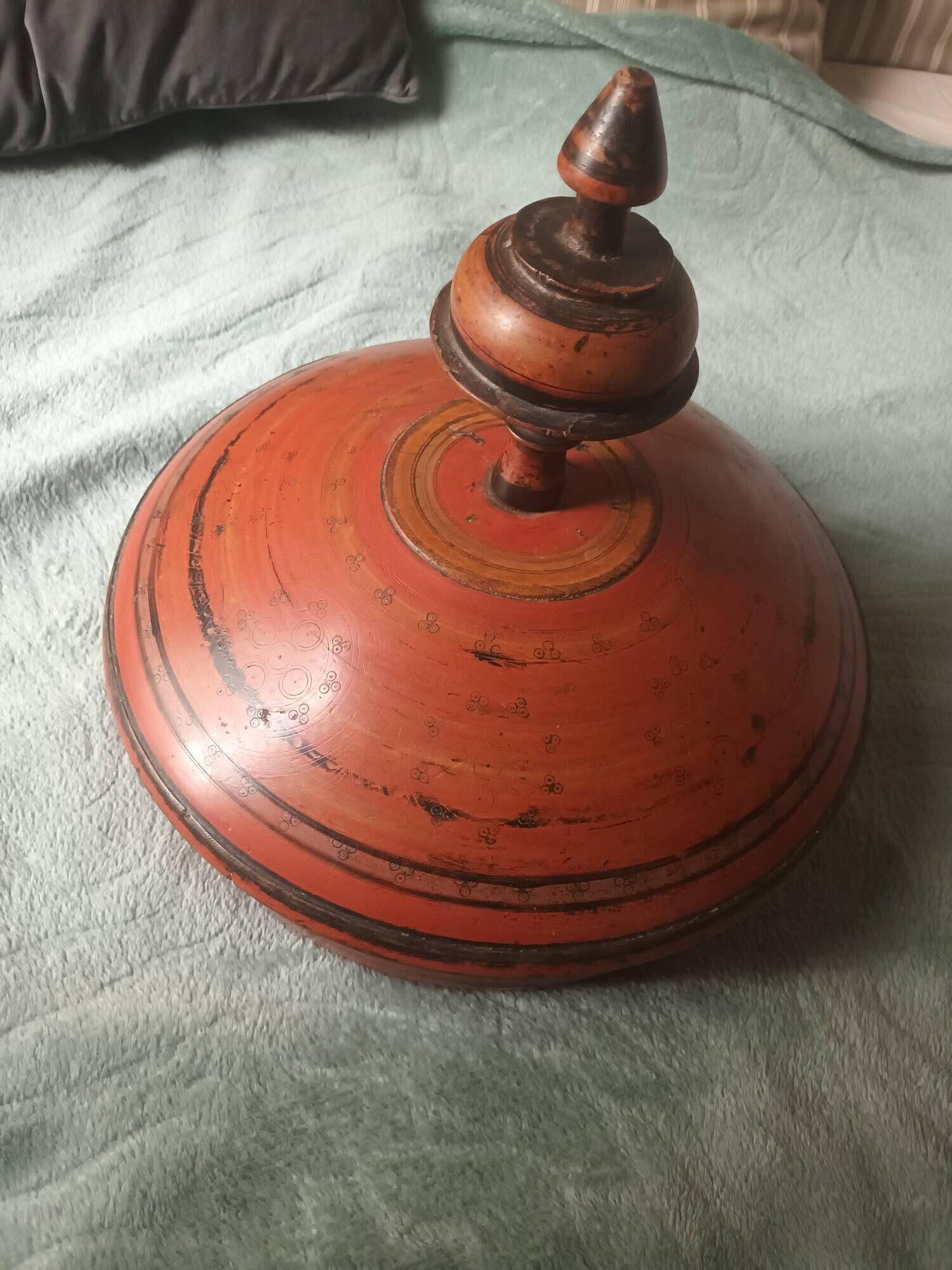 Large antique lacquered wooden Chapati box, ethnic offering box 35cm