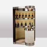 Circular bar in brushed metal, wood and carpet. 1970s.