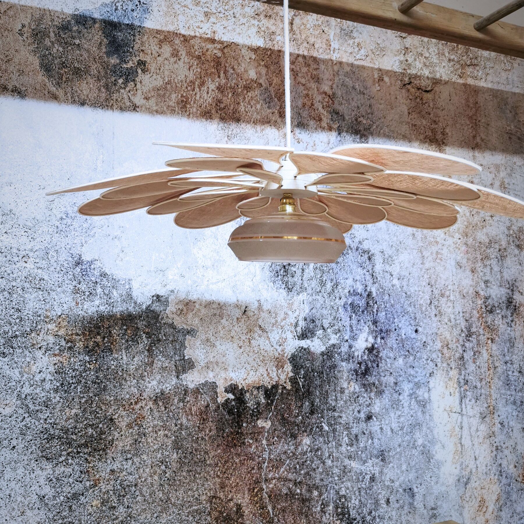 Vintage antique globe pendant lamp and linen and rattan petals