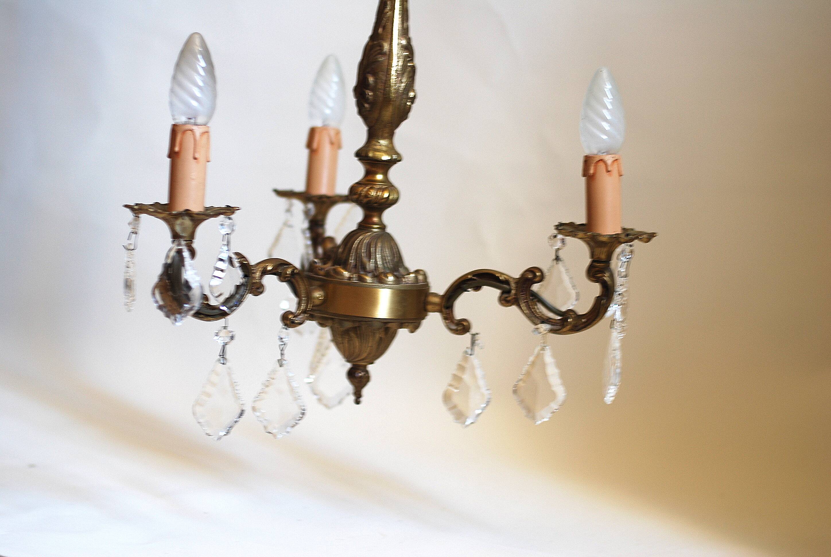 French vintage 3 arm crystal chandelier