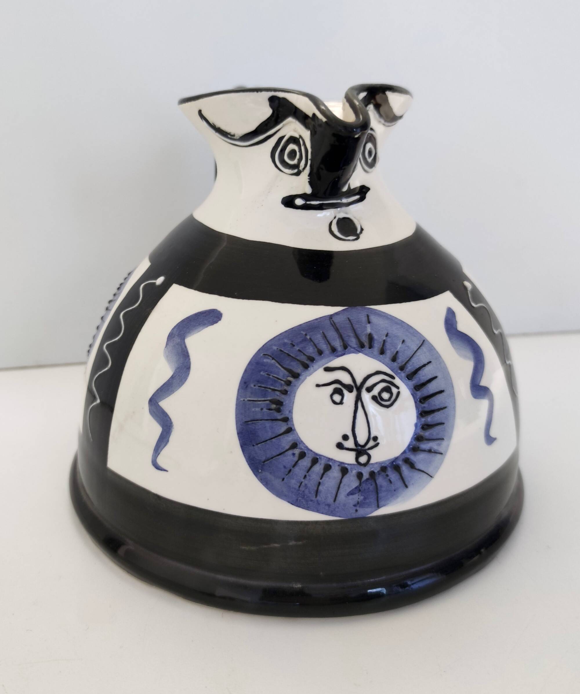 White, Black and Blue Hand-Painted Ceramic Jug / Vase