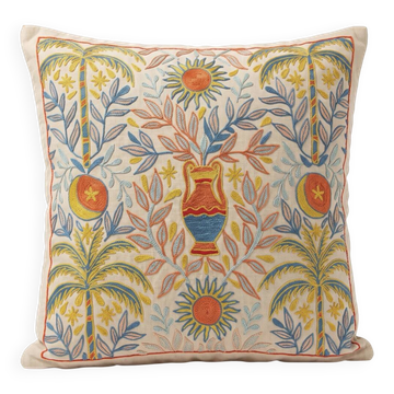 Housse de coussin avec motif de palmier brodé en soie. Housse de coussin ivoire. Coussin d'accent folklorique traditionnel.