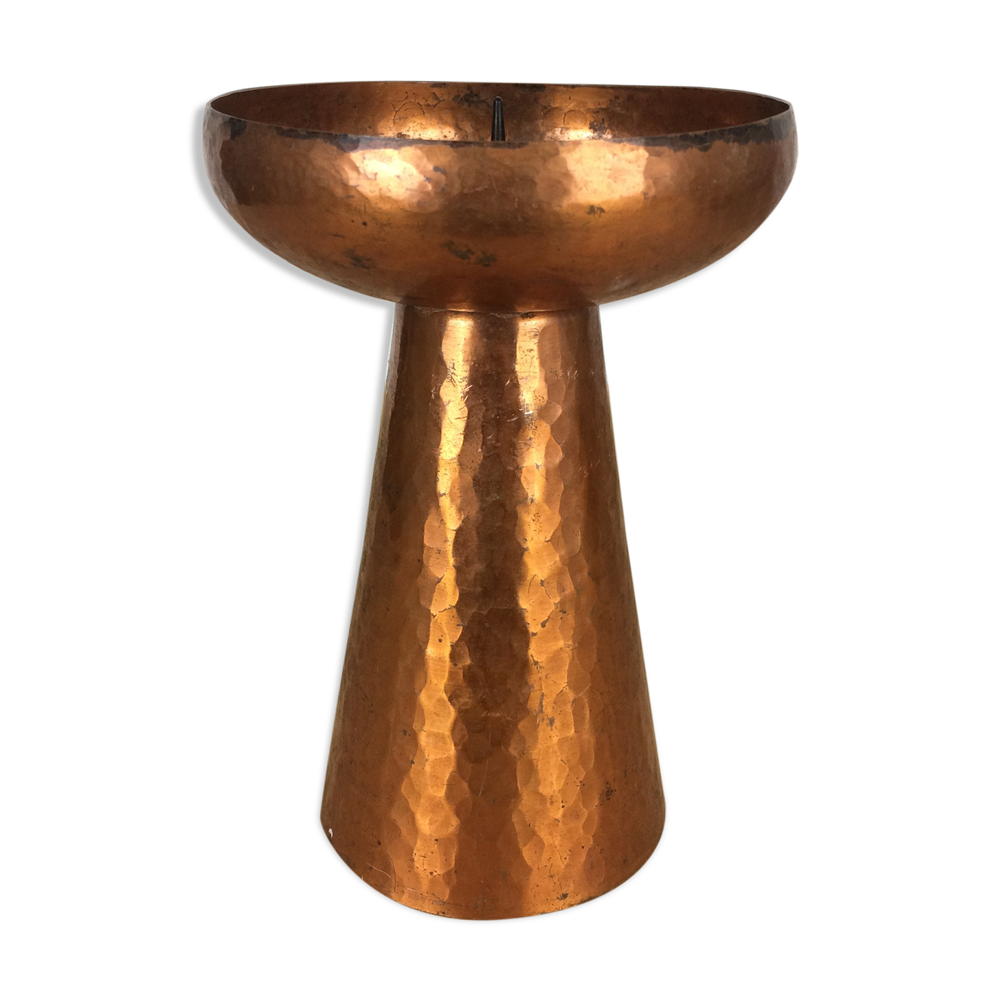 Modernist Scandinavian candle holder in hammered copper