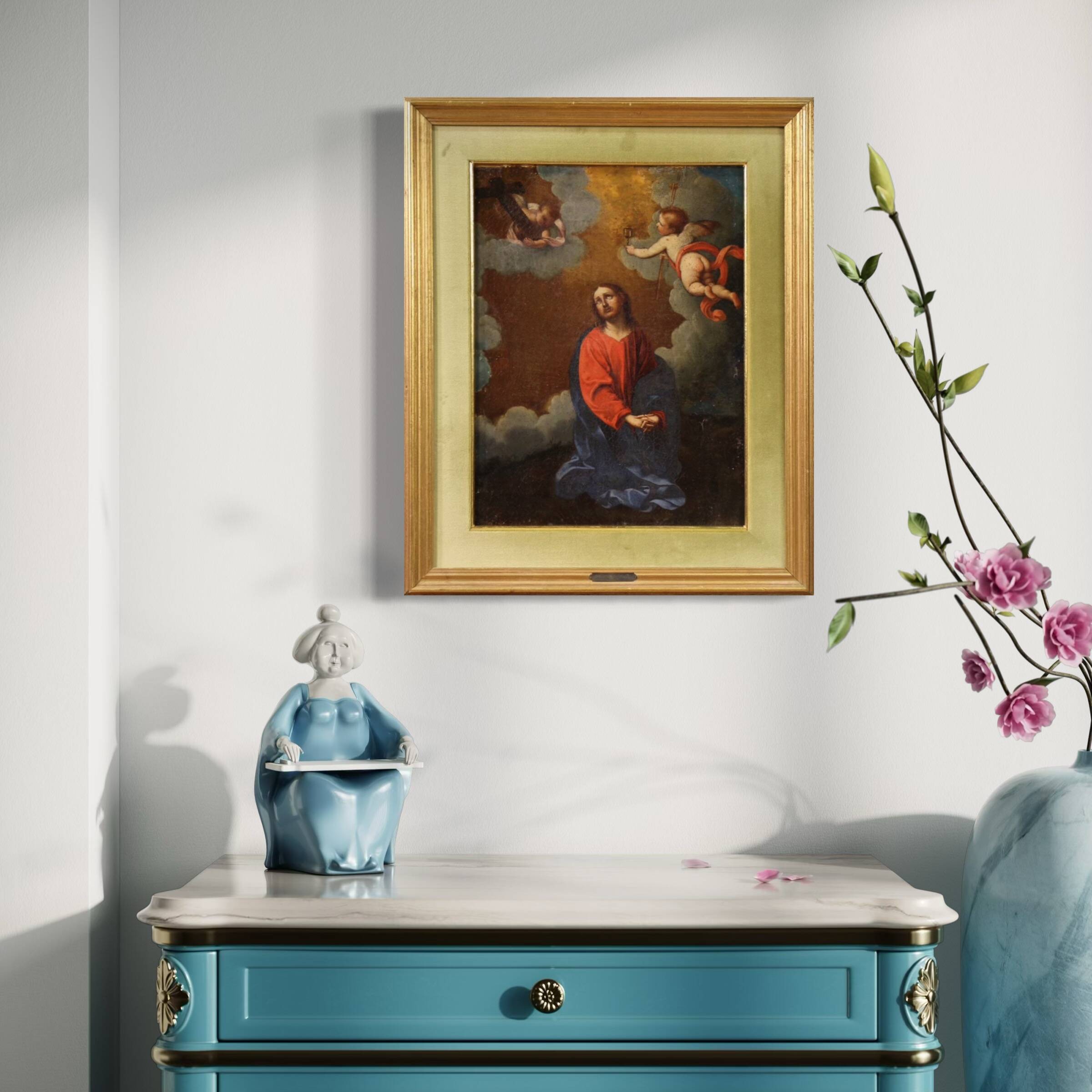 Antique Italian painting Christ with angels from the 17th century