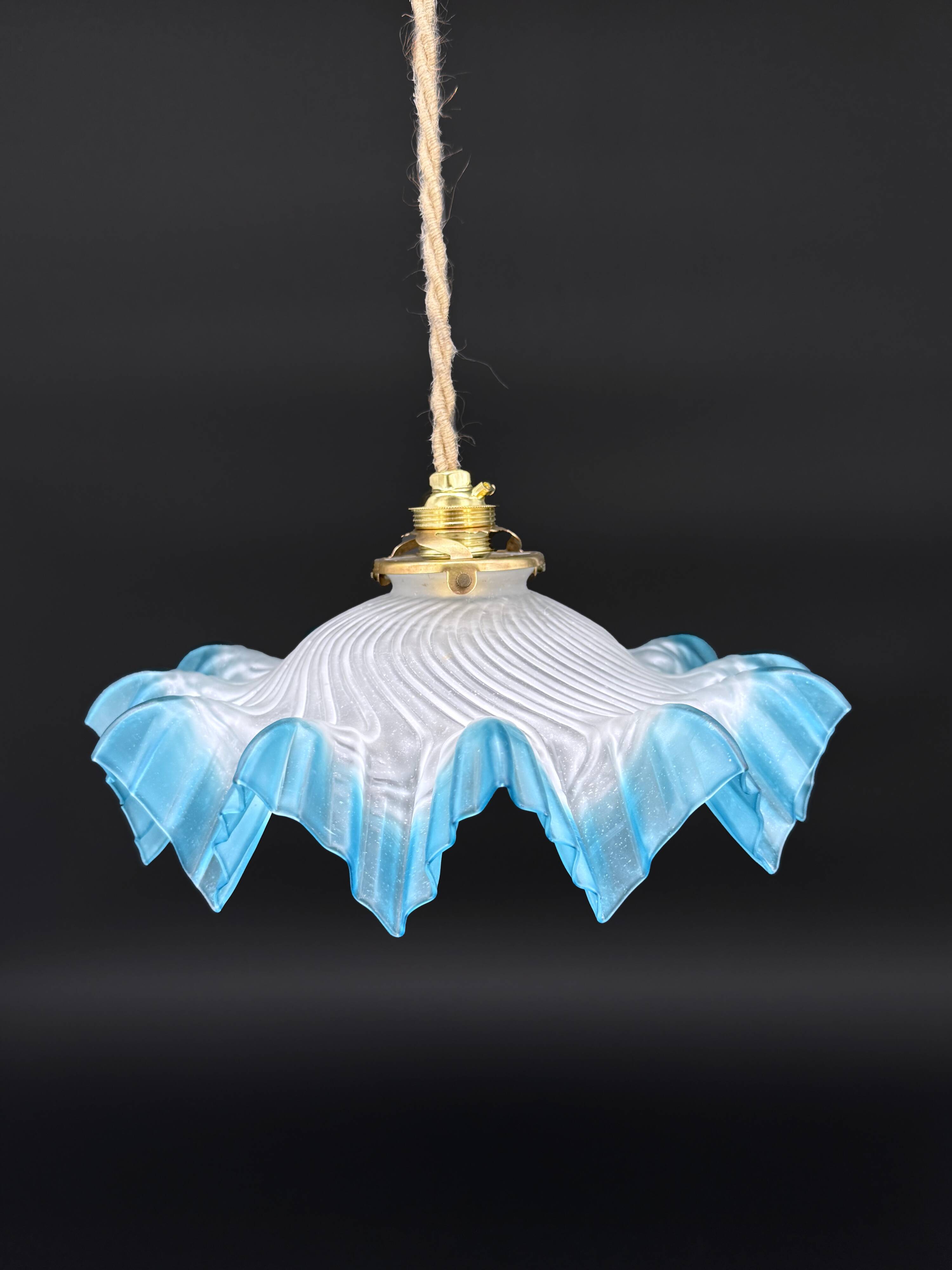 Vintage pendant light in blue gradient draped opaline glass