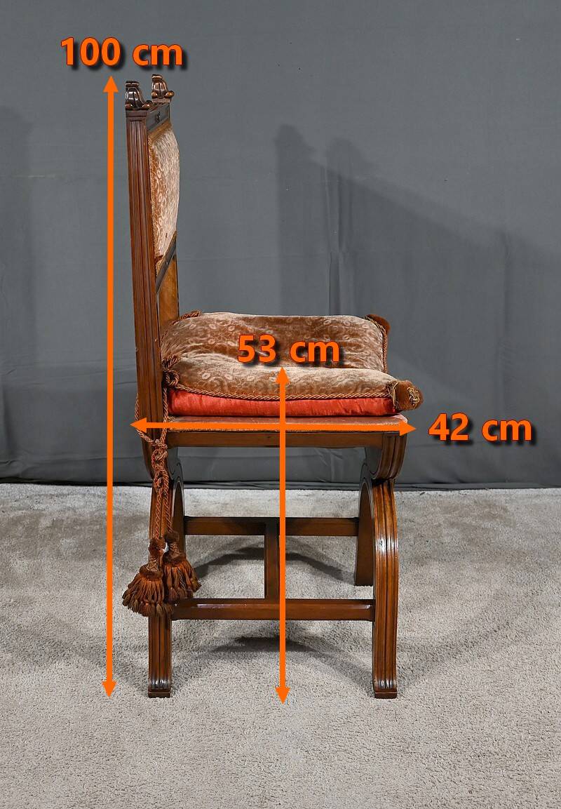Curule Chair in Solid Walnut, Renaissance taste – Late 19th century