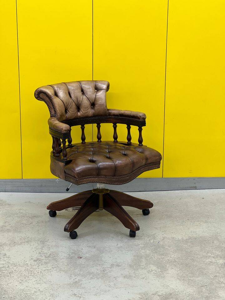 Vintage Chesterfield Revolving Captain's Chair with Brow Leather Upholstery