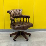 Vintage Chesterfield Revolving Captain's Chair with Brow Leather Upholstery