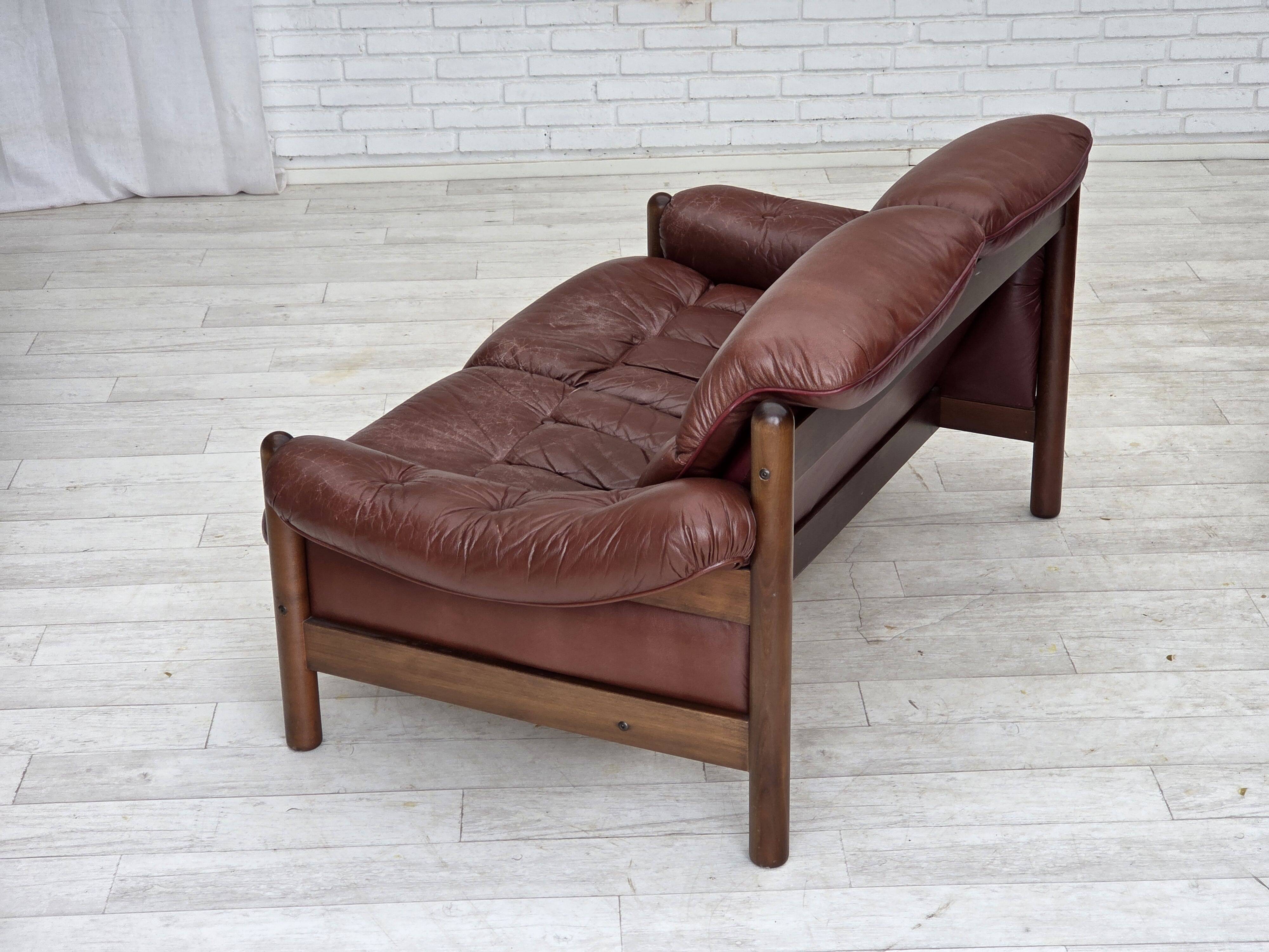 1970s, 2-seater Swedish sofa, brown leather with patina, dark beech wood.