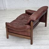 1970s, 2-seater Swedish sofa, brown leather with patina, dark beech wood.