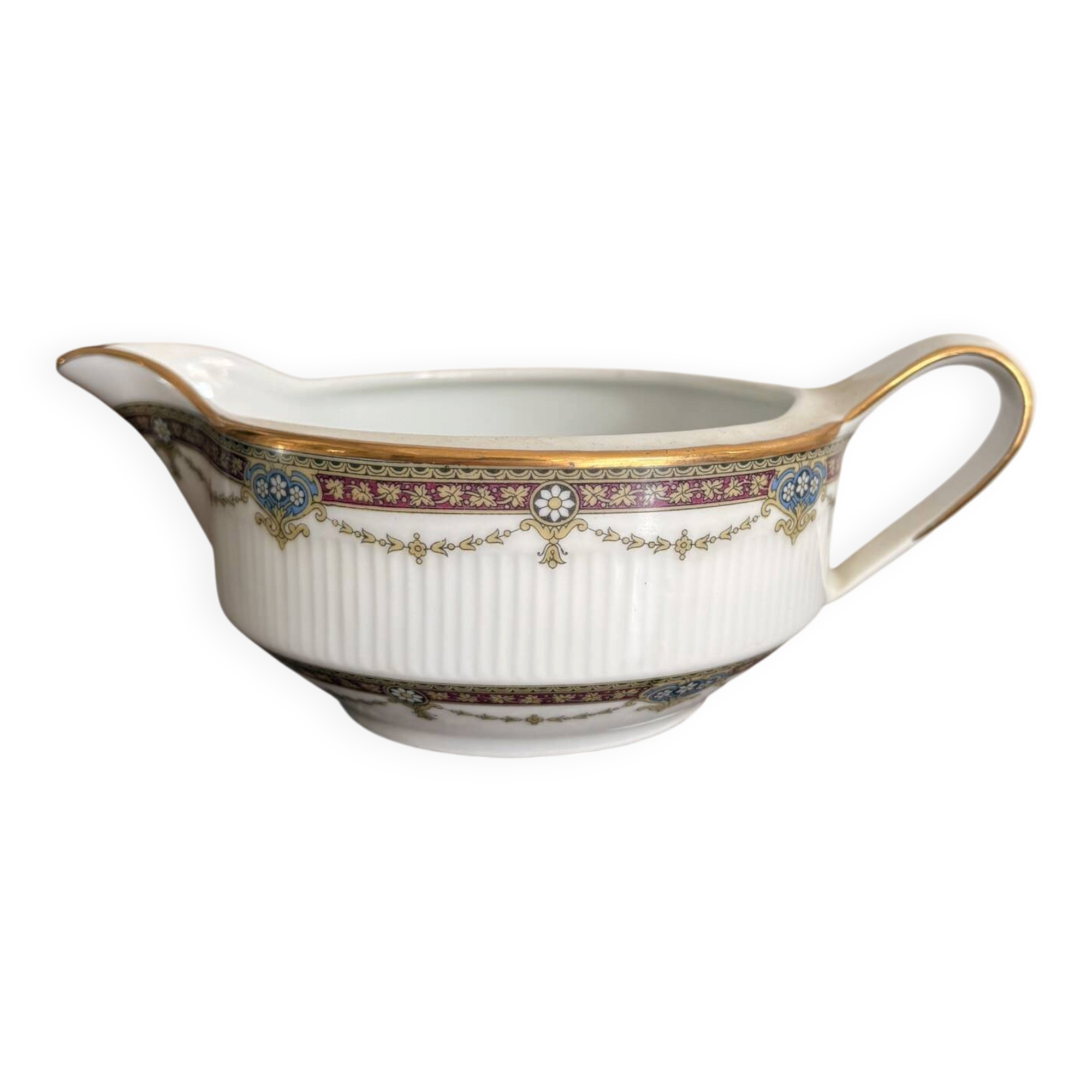 Saucière en porcelaine de Limoges Harreau à bord godronné style néo-classique Louis XVI