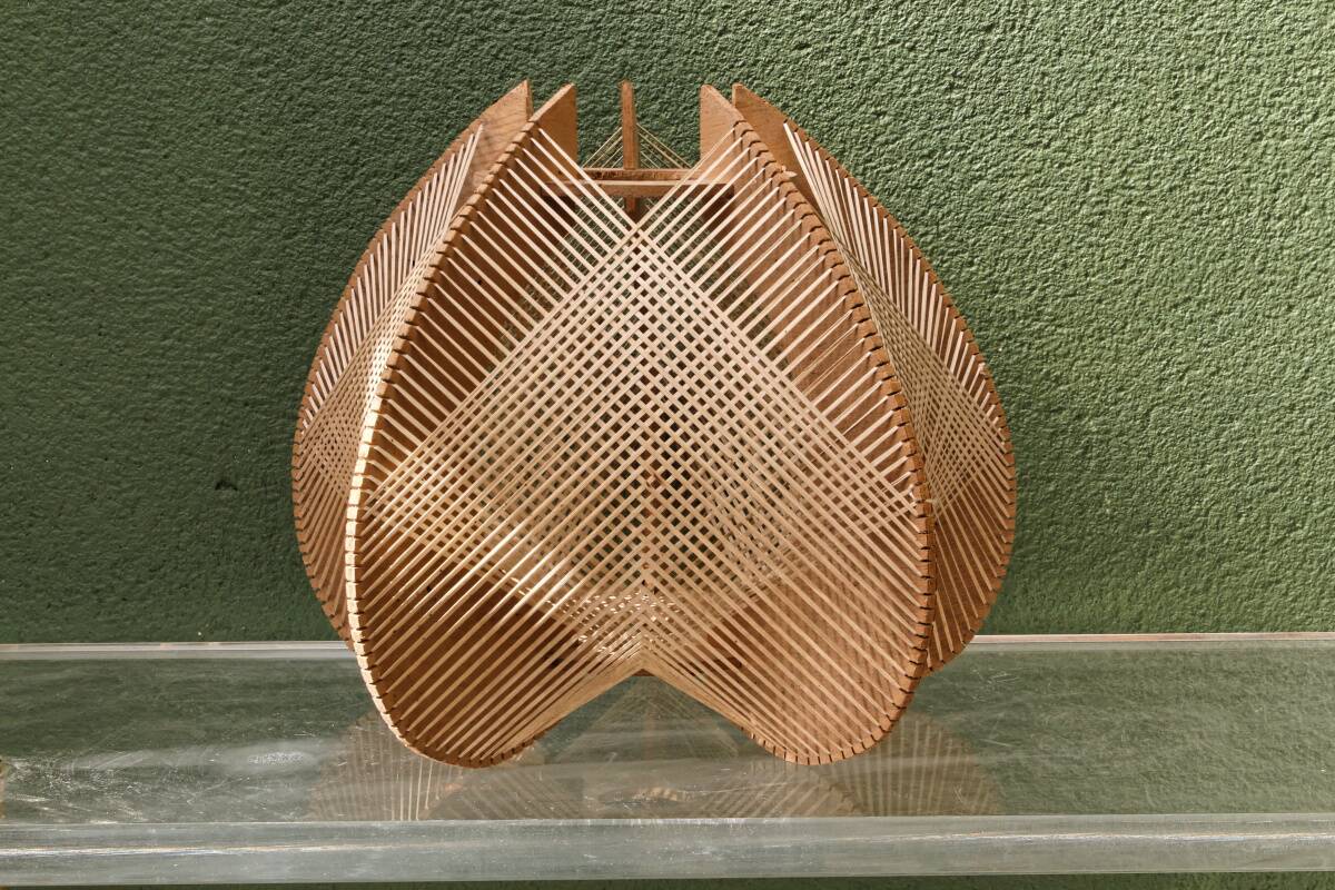 Scandinavian modernist wooden suspension with taut wires, 1960s.