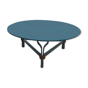 table basse en fer forge et cuir plateau verre de ryckaert