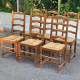 6 solid oak and straw chairs, high back, 102cm