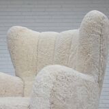1960s, Danish design, reupholstered highback armchair, genuine sheepskin.