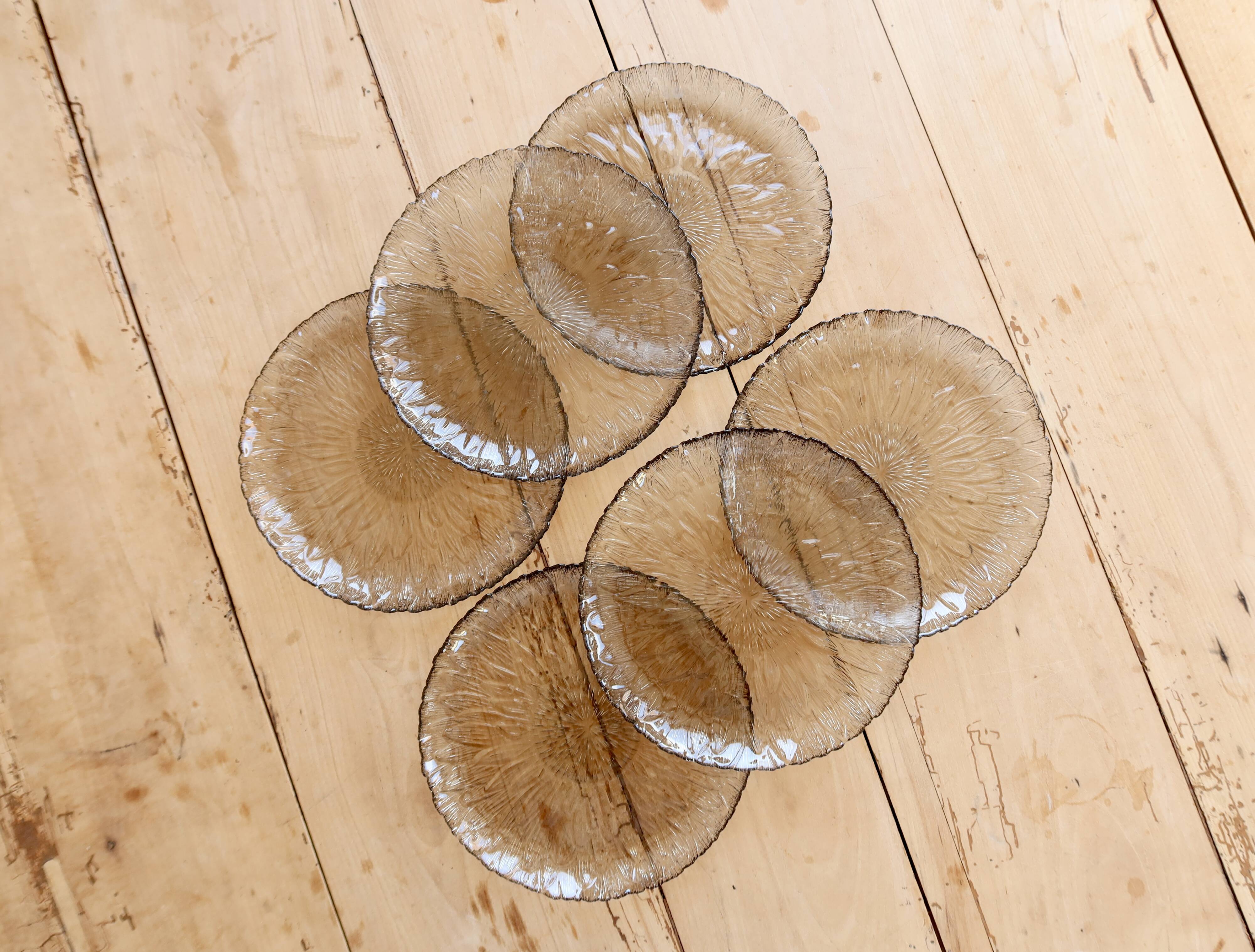 6 vintage dessert plates in smoked glass – Floral relief petal effect