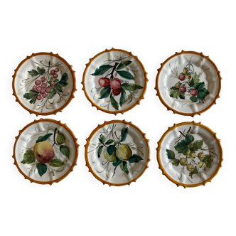 Set de 6 assiettes fruits d'été 19e en faience de Menton