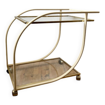 Vintage 1970s rolling dessert trolley in glass, cream metal and gold finish.