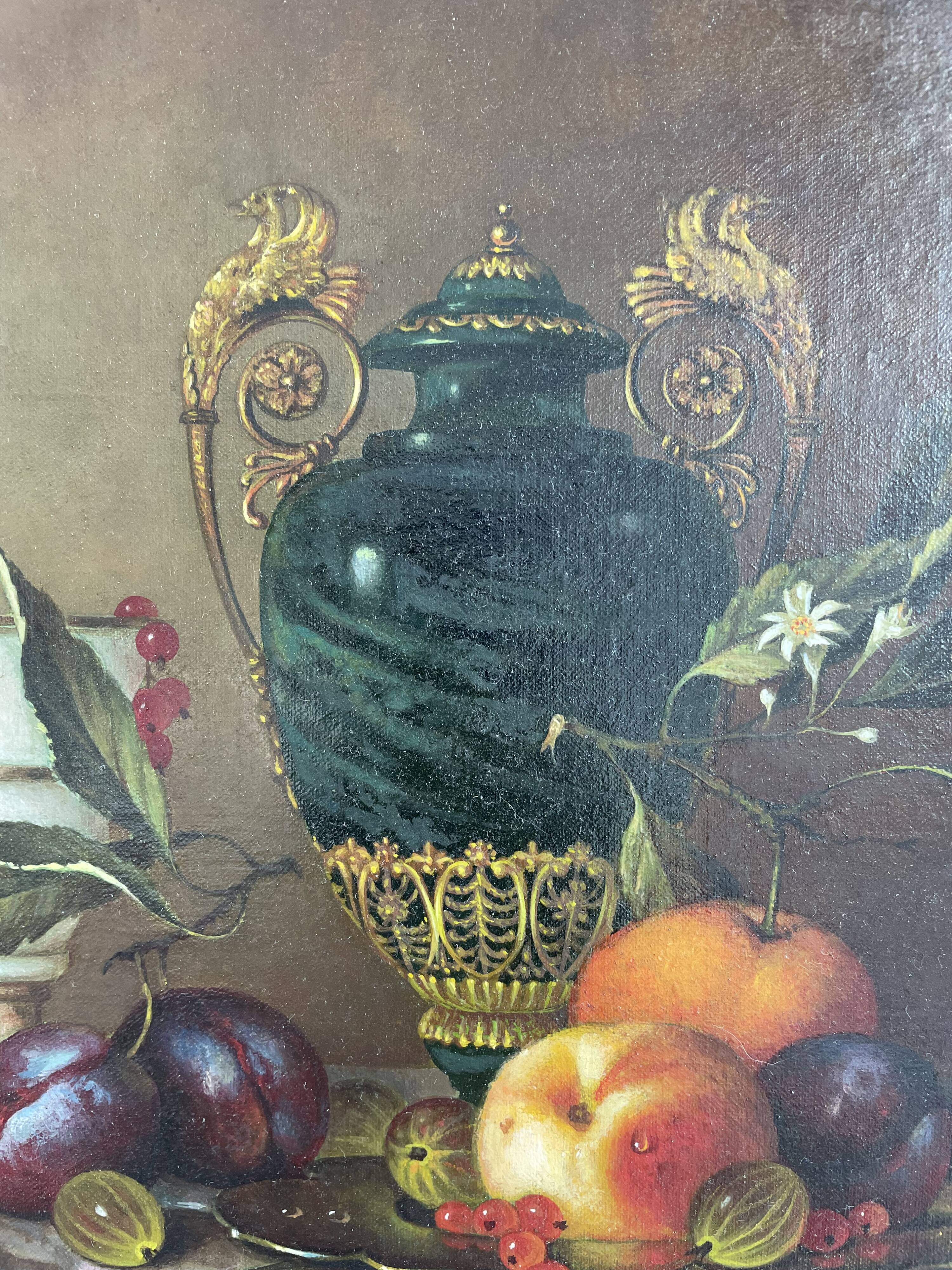 Oil painting, sergei smetanin, still life with marble vase, signed, gilded wood frame, russia