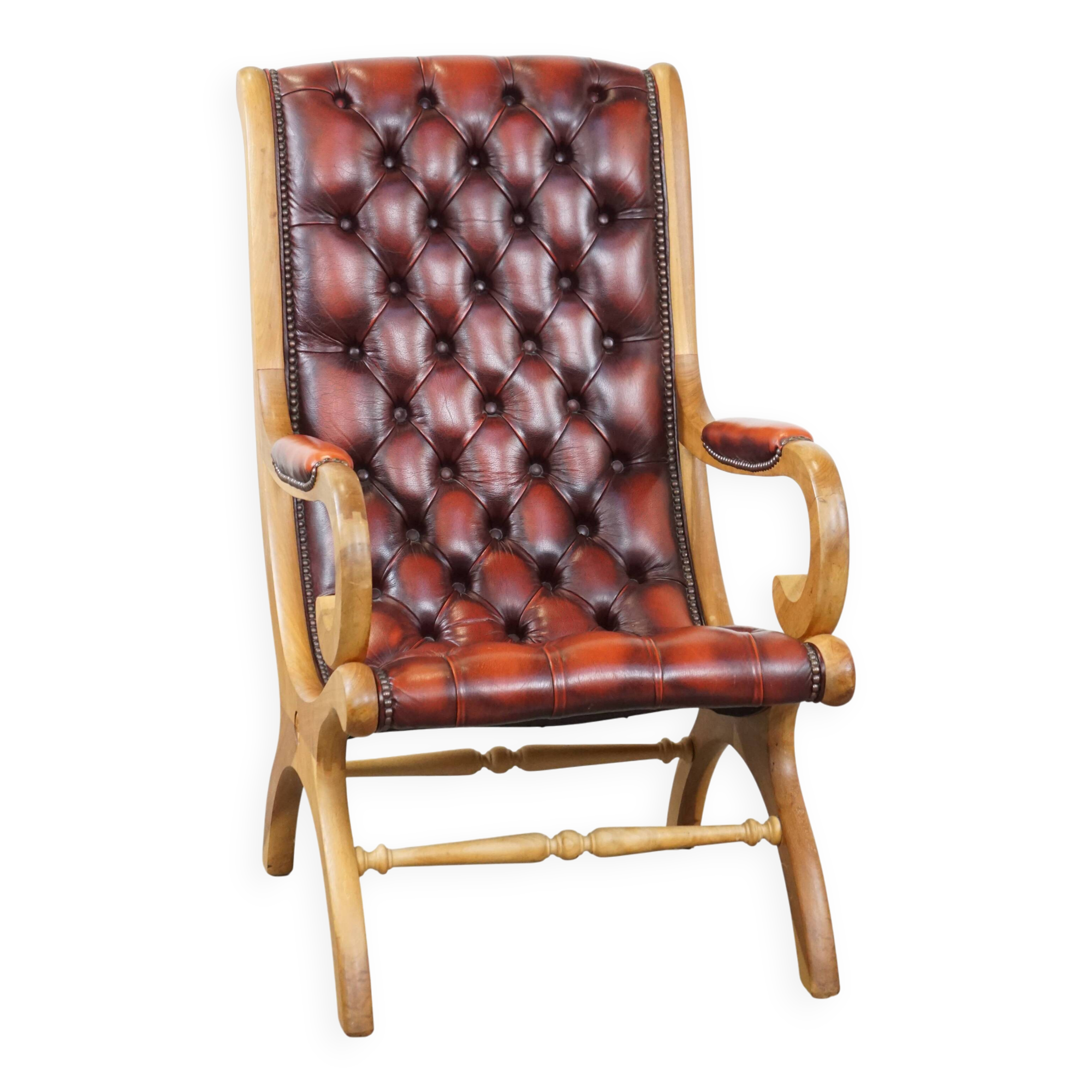 Red flame-grained English cow leather chesterfield armchair