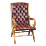 Red flame-grained English cow leather chesterfield armchair