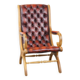 Red flame-grained English cow leather chesterfield armchair