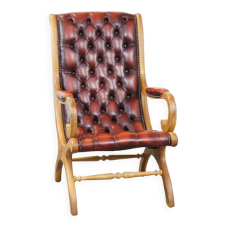 Red flame-grained English cow leather chesterfield armchair