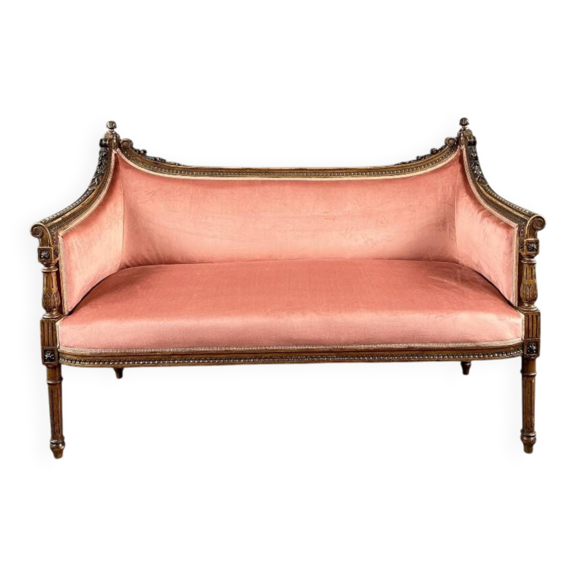 Louis XVI style canapé in carved wood and velvet, 20th century