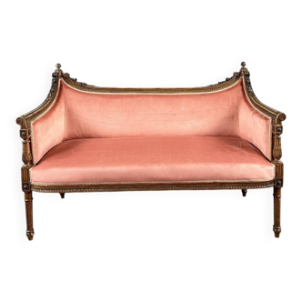 Louis XVI style canapé in carved wood and velvet, 20th century