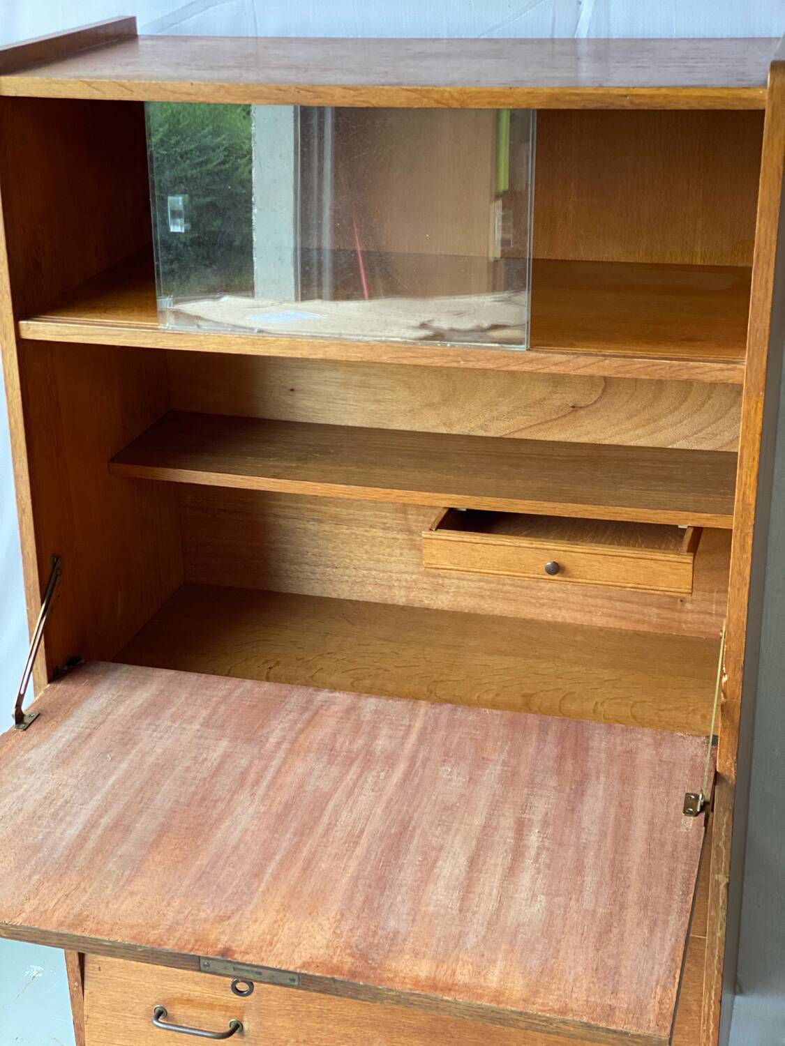 Vintage Scandinavian wooden secretary with display cabinet, desk and drawers
