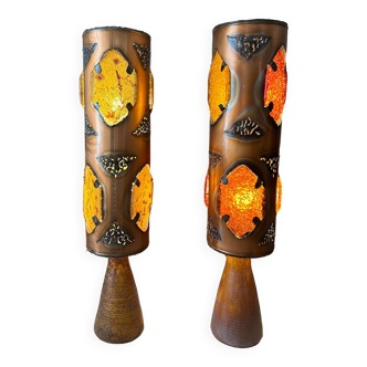 French Pair of Accolay floor lamps in ceramic, resin and copper, 1970