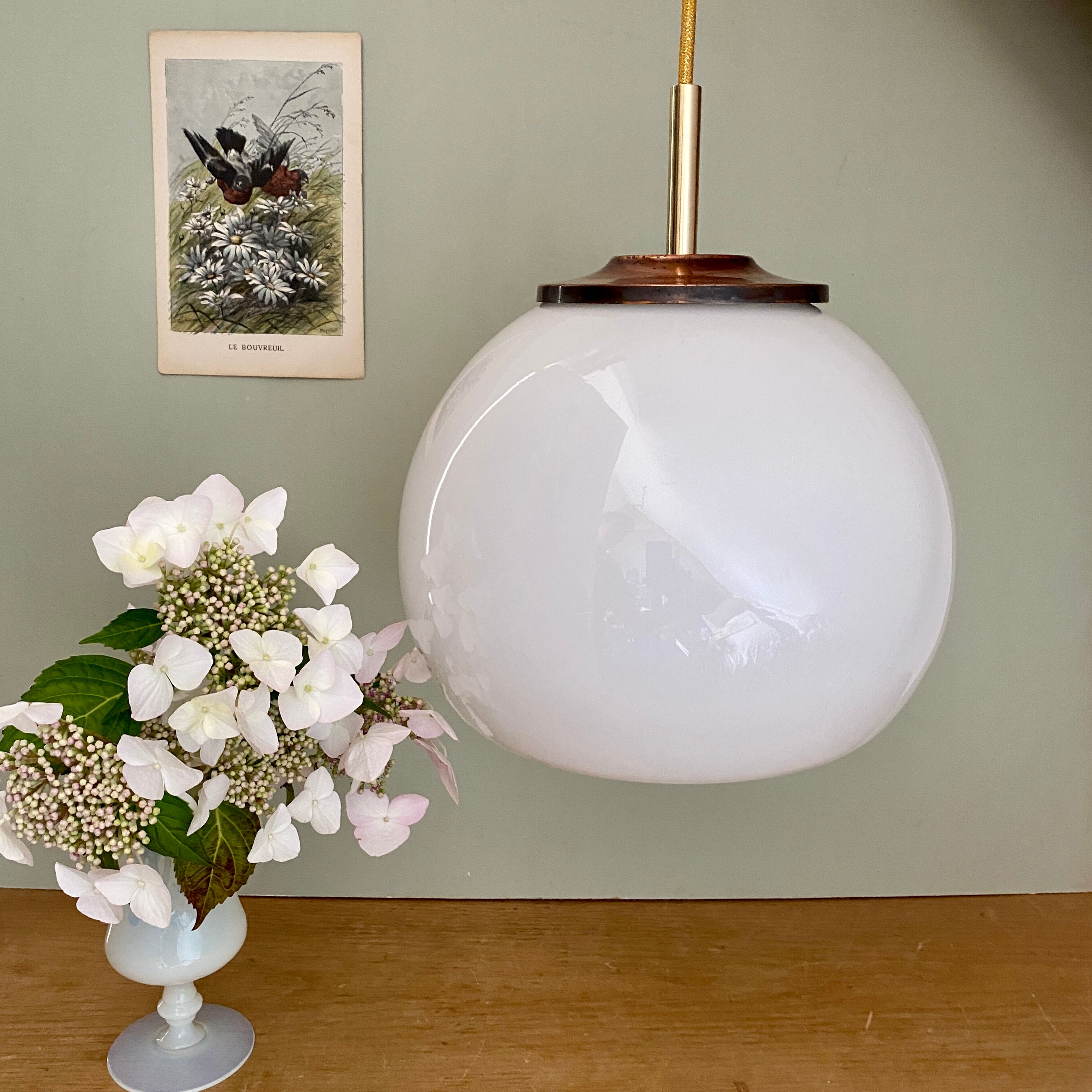 Vintage globe pendant lamp in white opaline