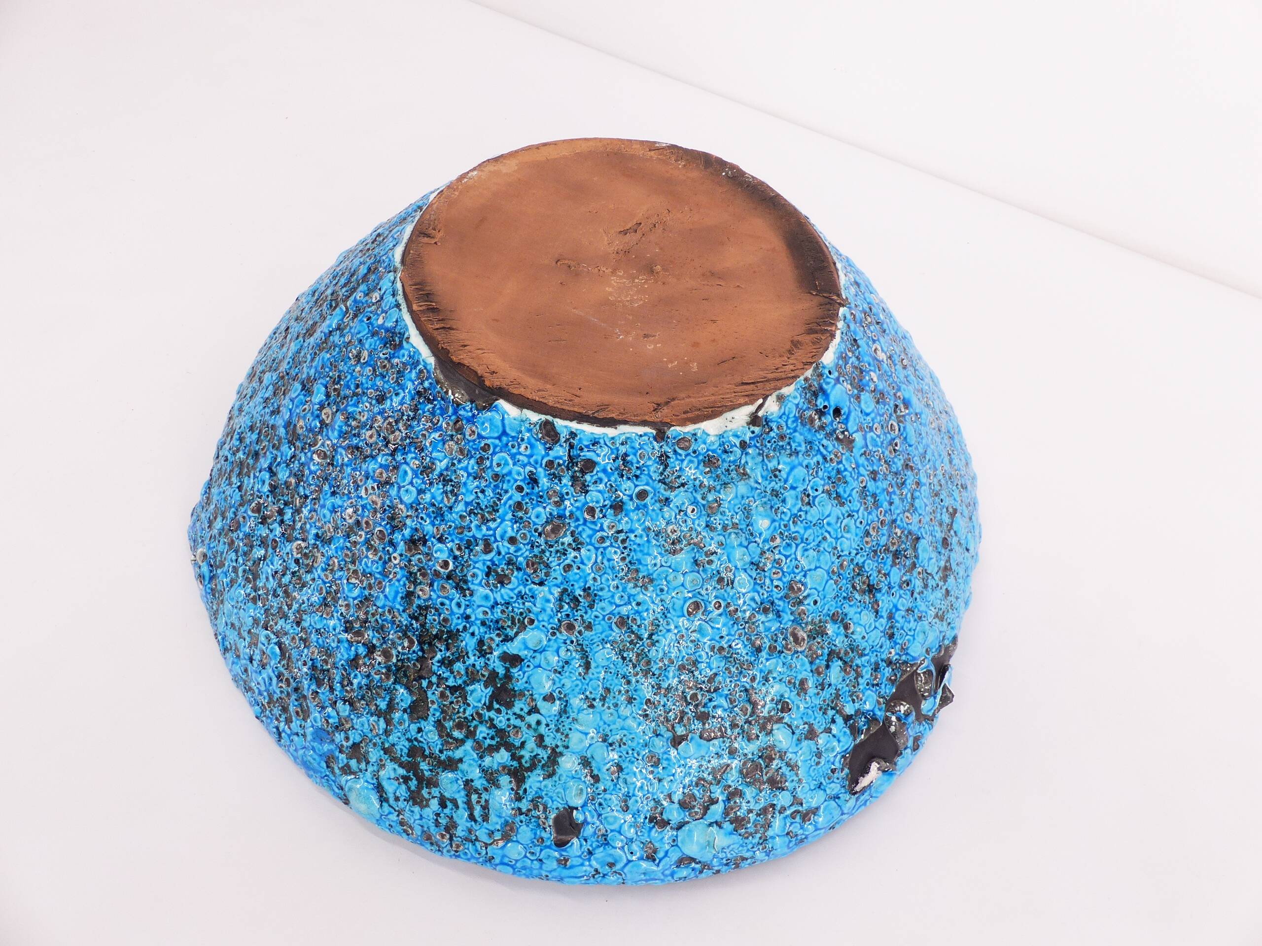 Ceramic fruit bowl with turquoise blue sea foam enamels, 1950