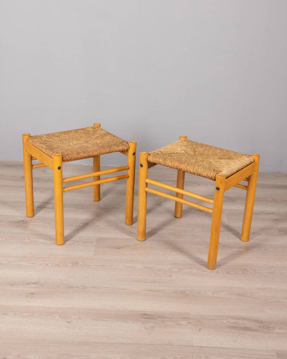 Pair of vintage 70s stools in wood and rope design hibiscus