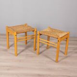 Pair of vintage 70s stools in wood and rope design hibiscus