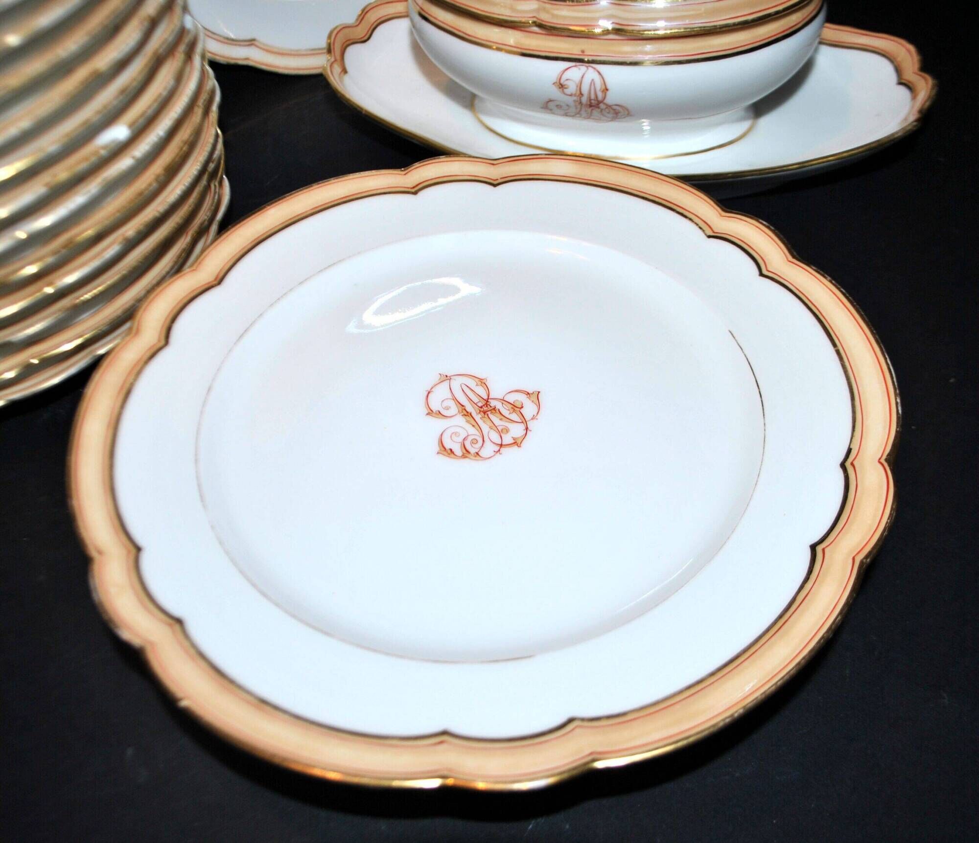 Paris porcelain set of 12 plates, dish and sauce boat, antique tableware with monogram BA.