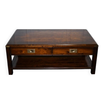 Vintage Military Campaign Coffee Table in Brass and Hardwood with Drawers
