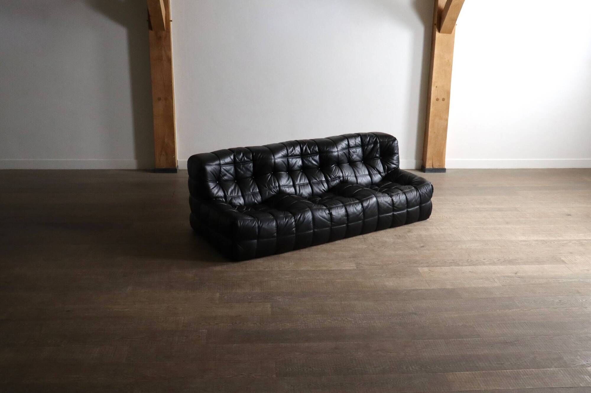 Kashima three seater sofa in black leather by Michel Ducaroy for Ligne Roset, 1970s
