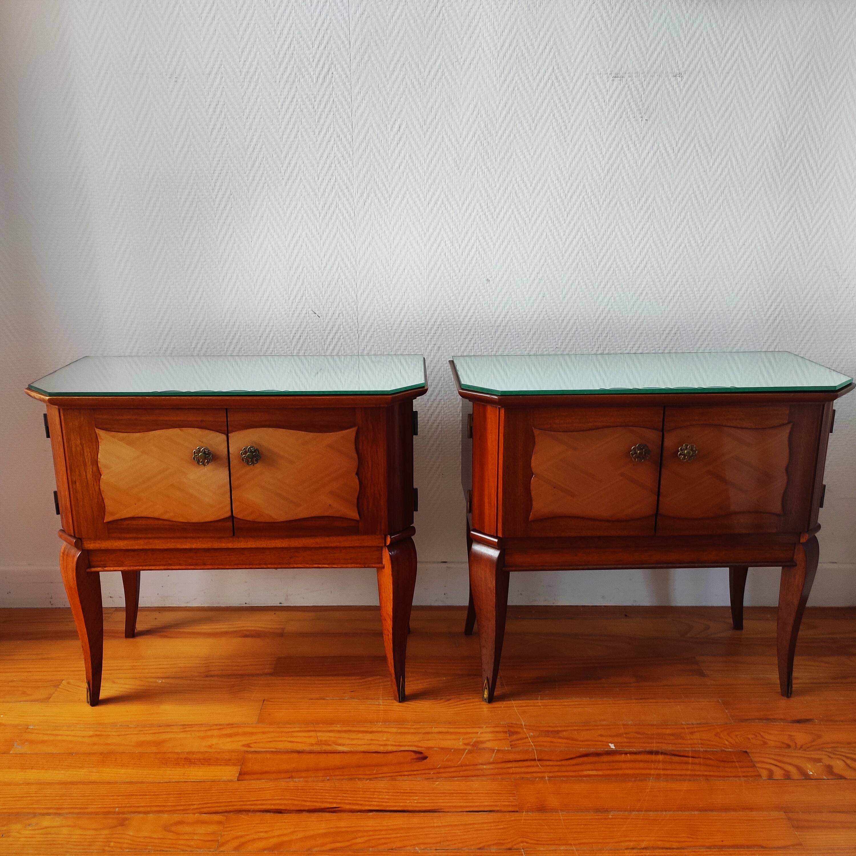 Pair of Art Deco bedside tables, mirrored top.